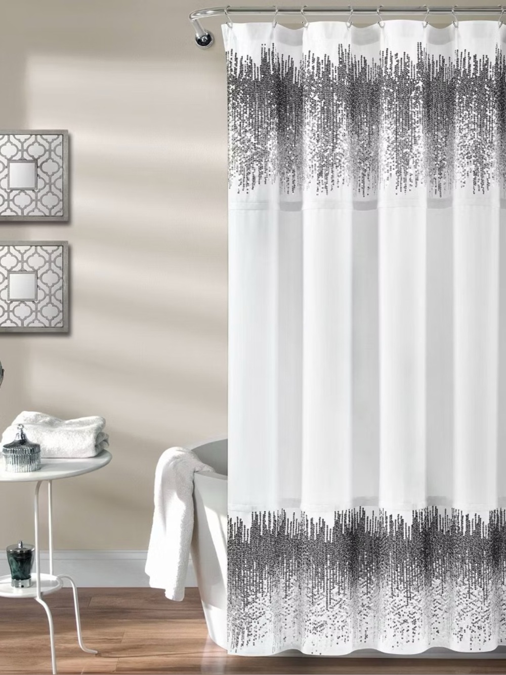 Single Shimmer Sequins Shower Curtain White/Black - Lush Décor